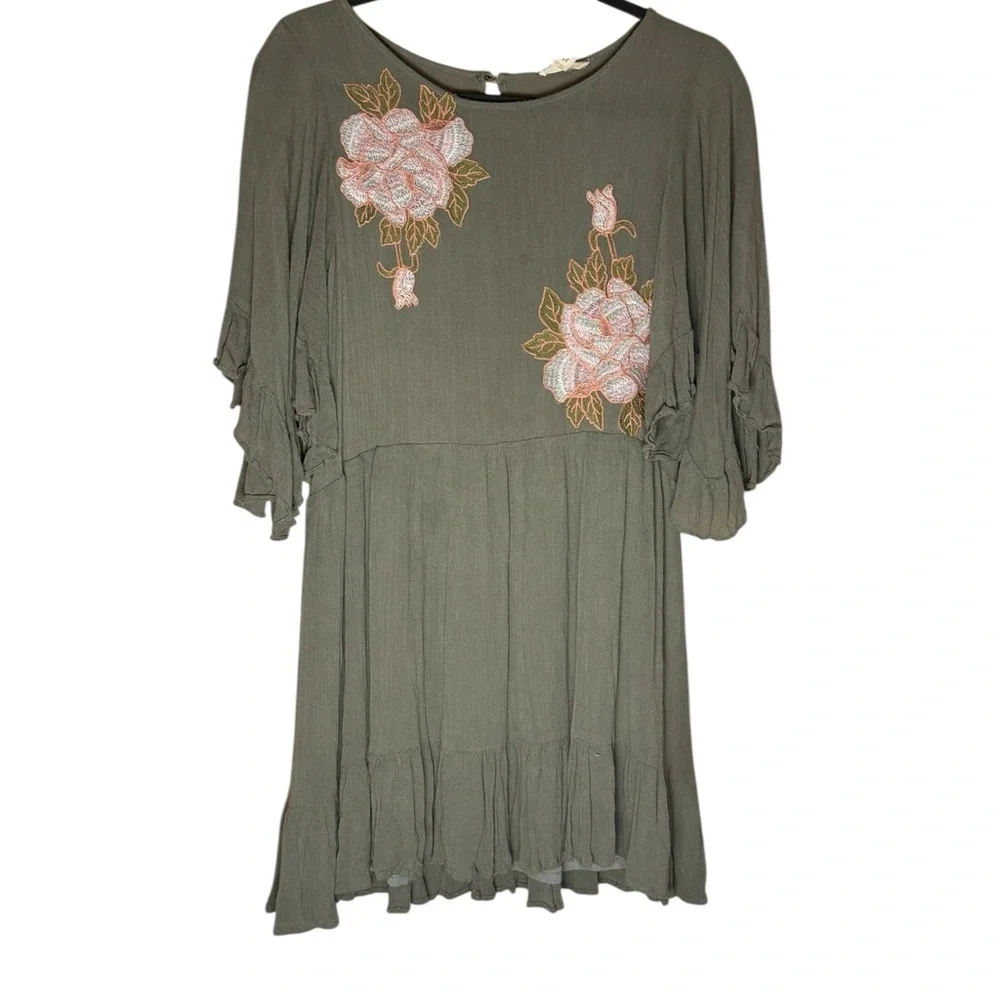Entro Olive Green Embroidered Ruffle Hem Flyaway Sleeve Boho‎ Mini Dress Size S
